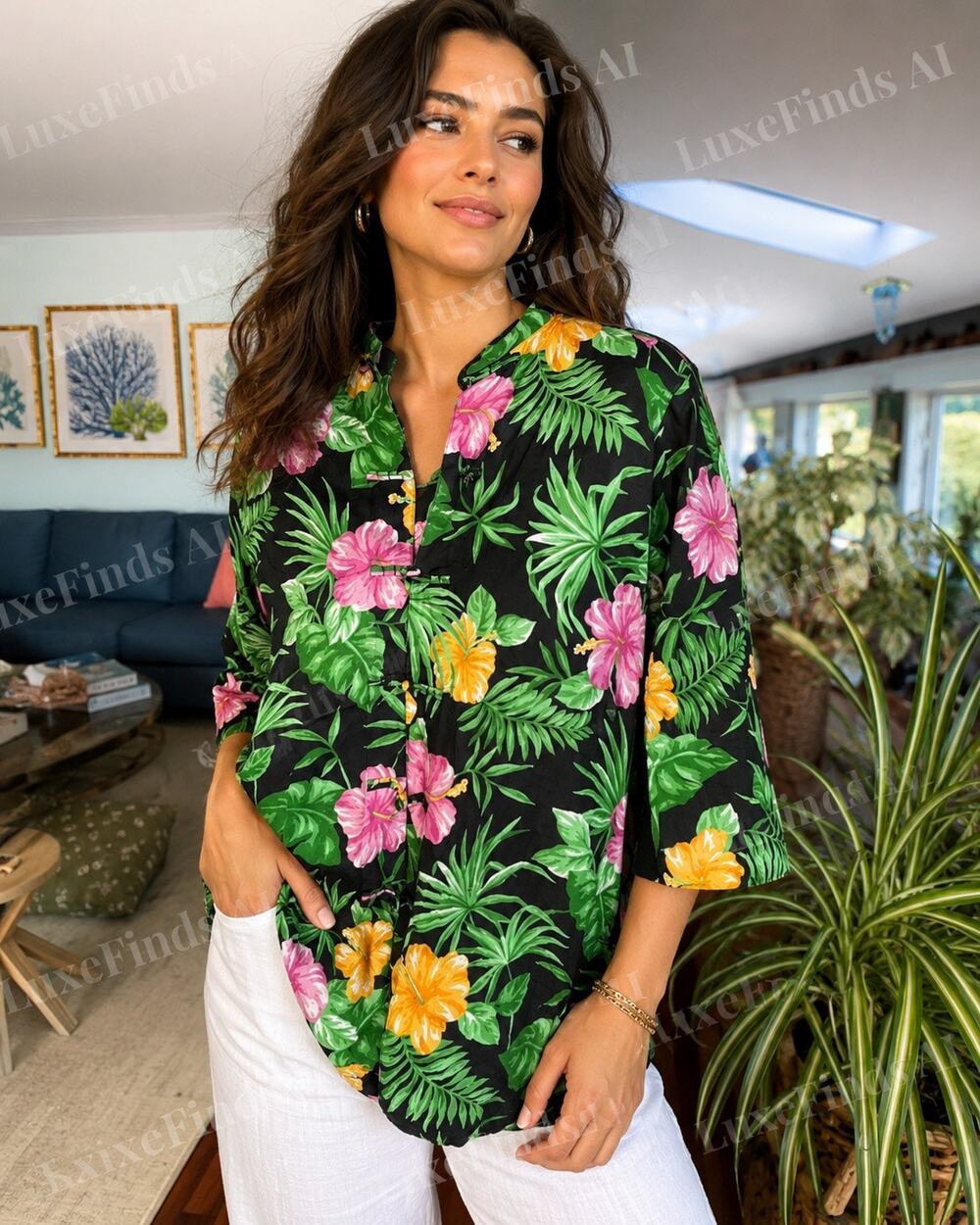 Lauren‎ Ralph Lauren 100% Linen Tropical Floral Tunic Blouse Women’s Lg Hibiscus